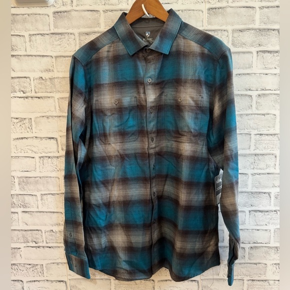 NWT! Men’s Kuhl teal & gray plaid flannel button down collared shirt Medium - Picture 1 of 6